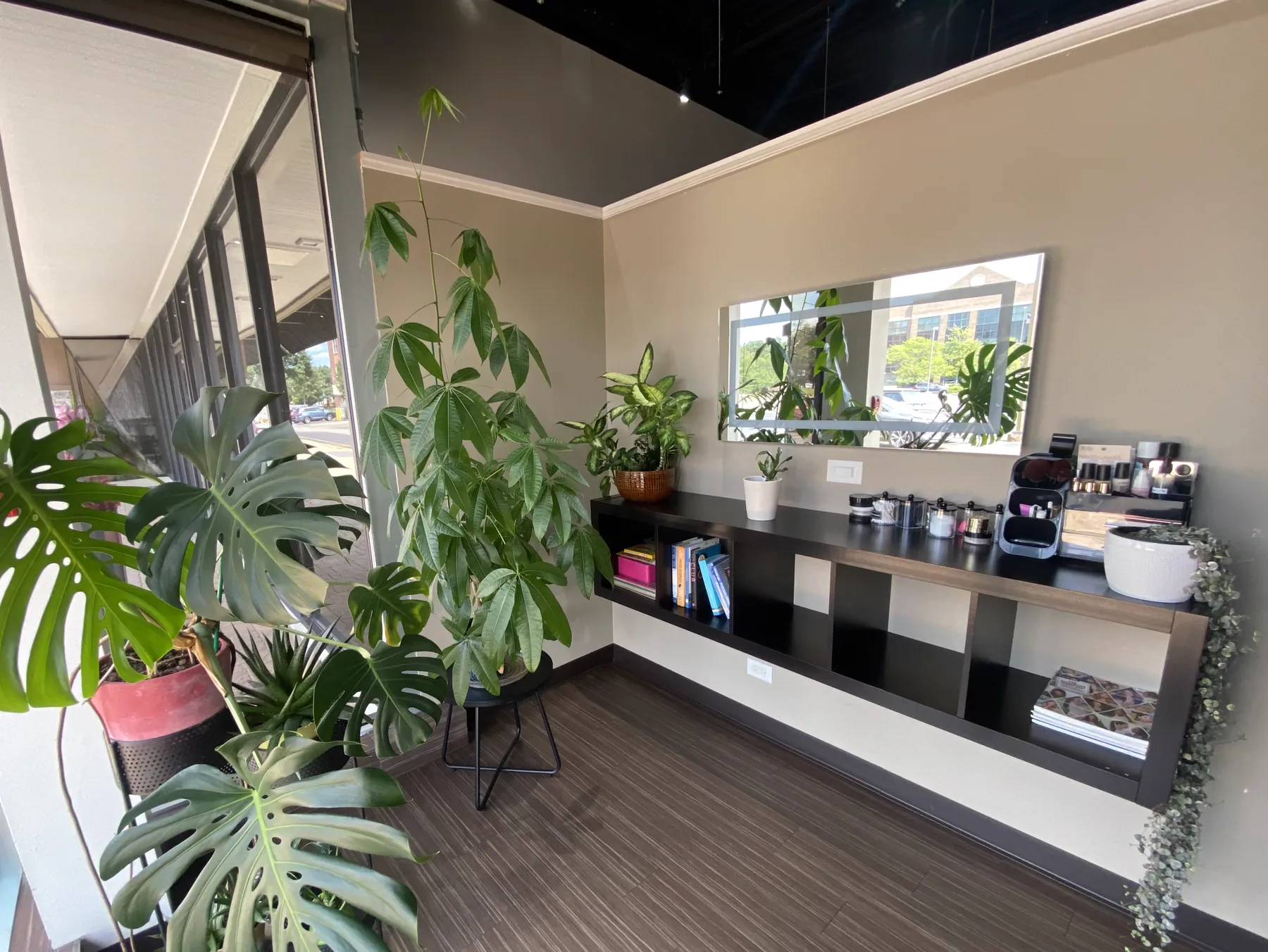 Plants and the refreshment bar at Neo Bella Salon